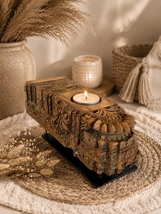 Vintage Handarved Wooden Candle Holder on Iron Stand
