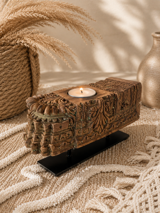 Vintage Handarved Wooden Candle Holder on Iron Stand