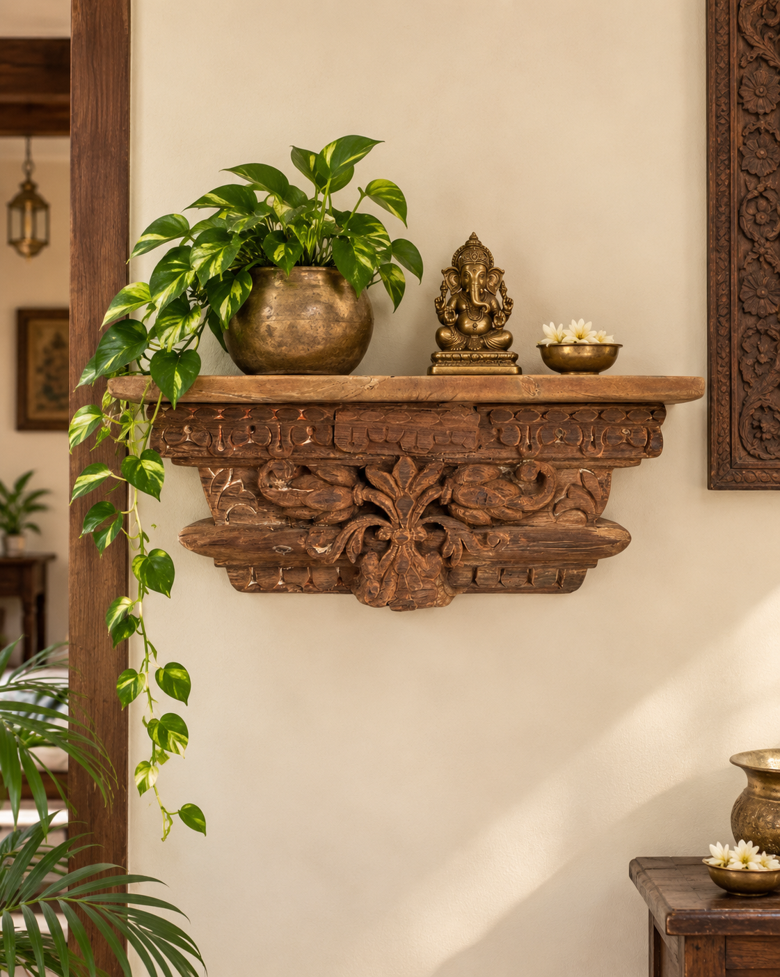 vintage hand-carved floral & leaf wall shelf