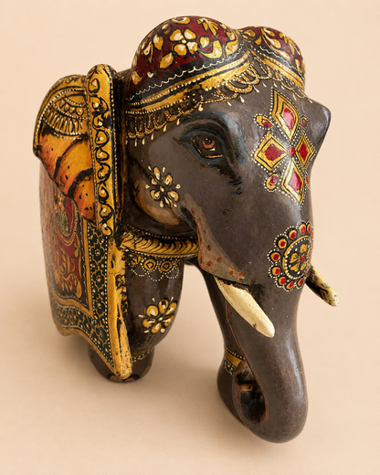 Royal Rajasthani Hand-Painted Wooden Elephant Sculpture / Raja Rani Painting Elephant