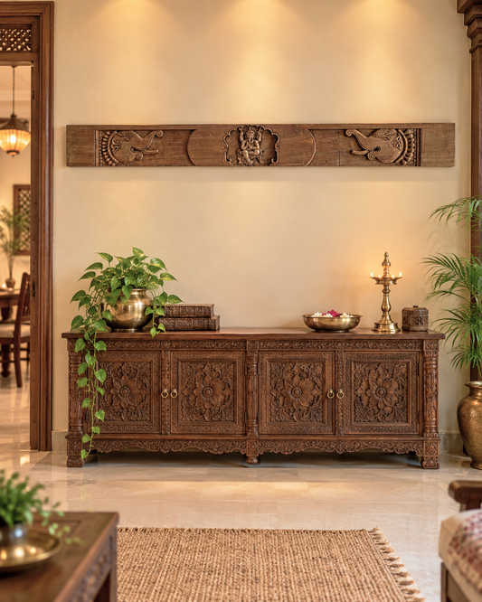 Vintage Hand-Carved Ganesh & Elephant Motif Wooden Temple Wall Panel