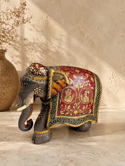 Royal Rajasthani Hand-Painted Wooden Elephant Sculpture / Raja Rani Painting Elephant