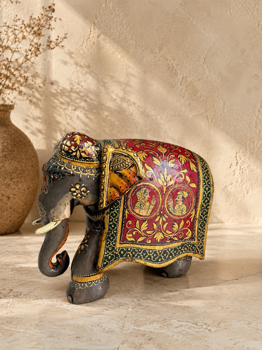 Royal Rajasthani Hand-Painted Wooden Elephant Sculpture / Raja Rani Painting Elephant