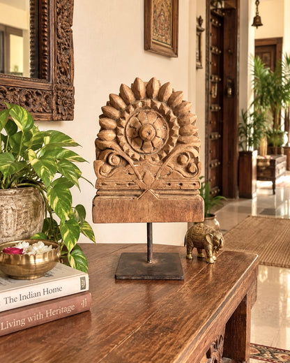 Vintage Hand-Carved Floral Medallion on Iron Stand