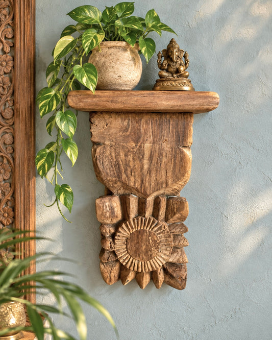 Vintage Hand-Carved Sunburst & Floral Wooden Wall Shelf