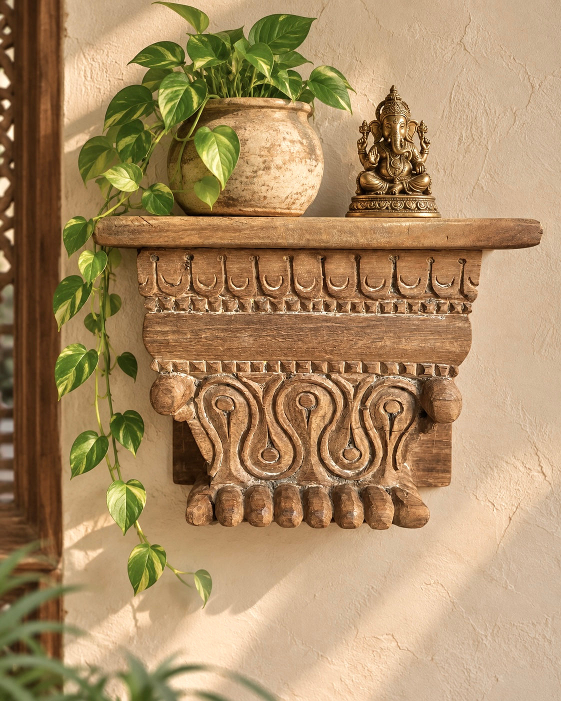 old hand-carved wooden corbel wall shelf / ledge