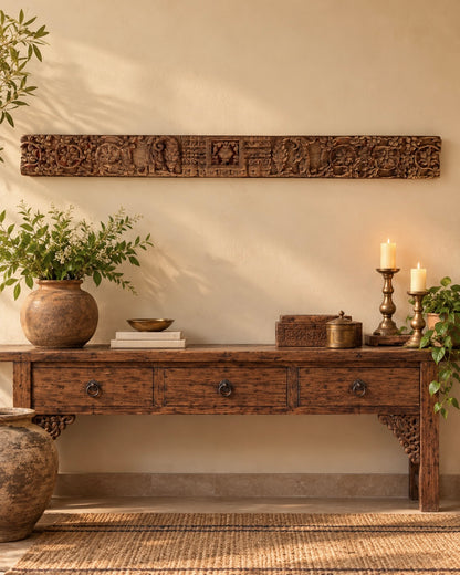 Vintage Hand-Carved Floral & Ornamental Architectural Wooden Wall Panel with Old Iron Strip