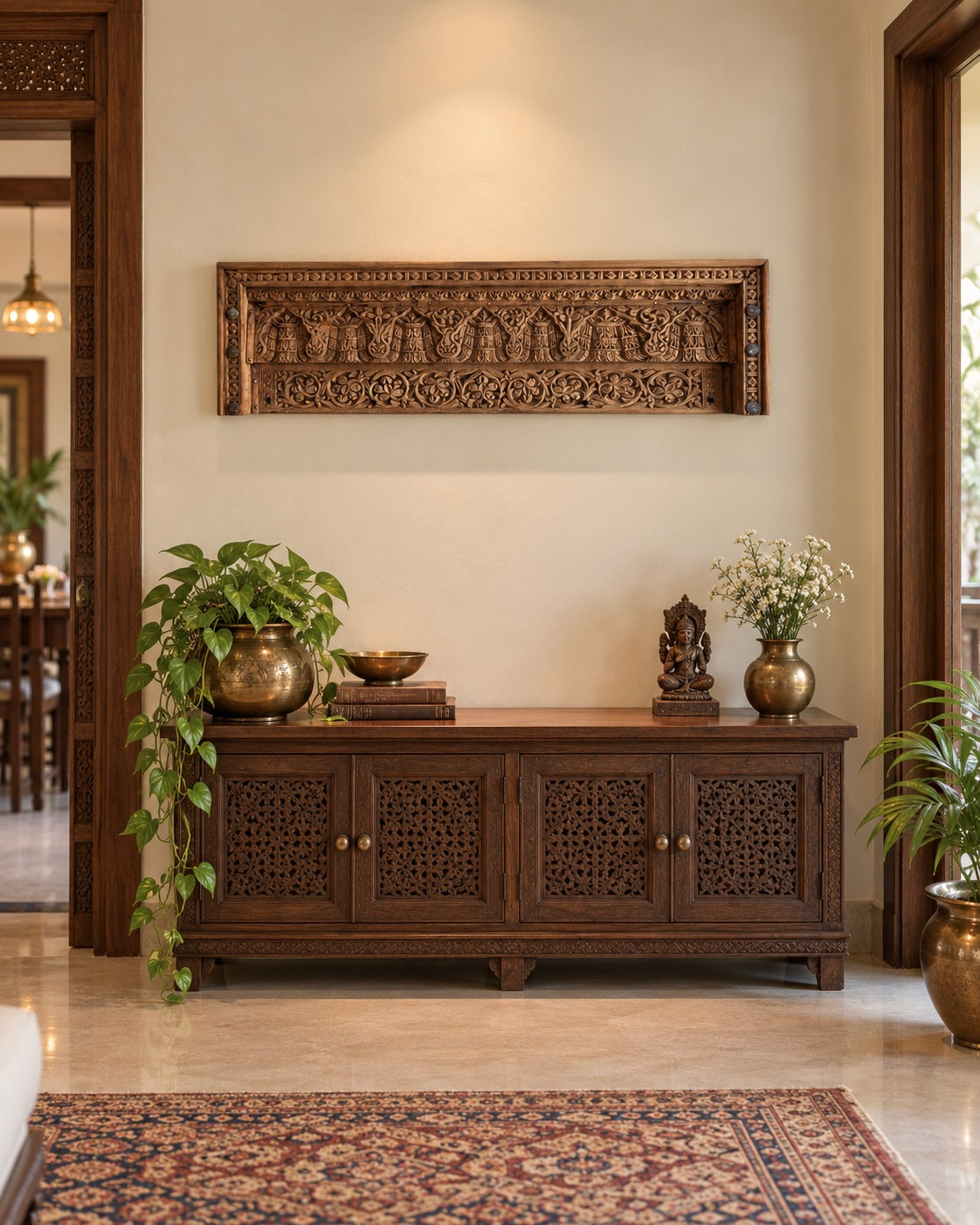 antique hand-carved floral & architectural wooden wall decor panel