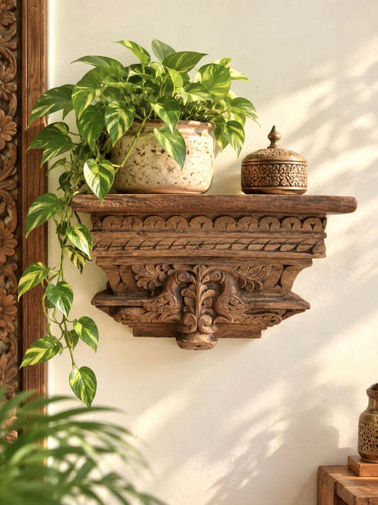Vintage Hand-Carved Peacock Wooden Bracket