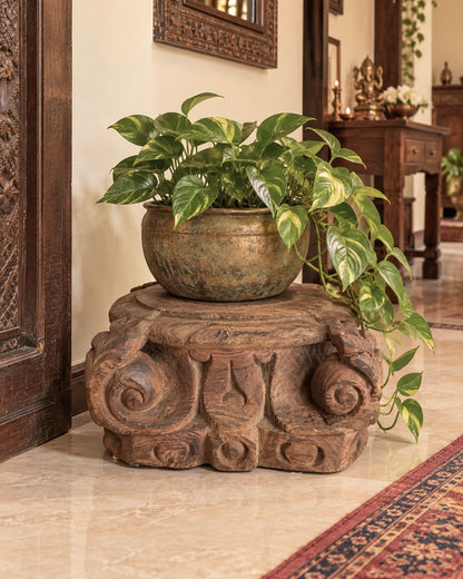 Vintage Hand-Carved Wooden Pillar Base Candle Holder & Planter