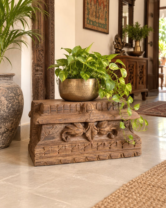 Vintage Floral Carved Teak Wood Candle Holder
