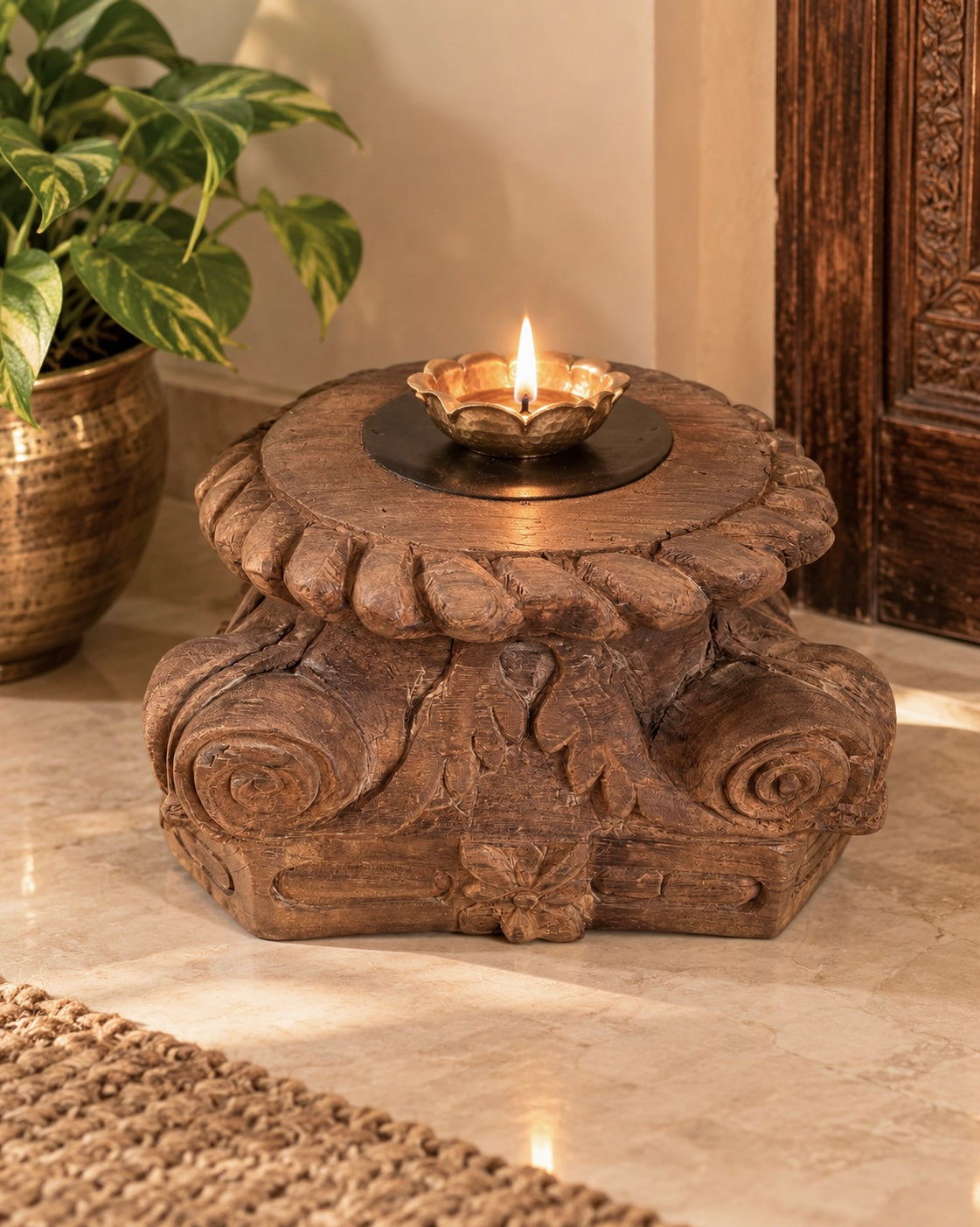 vintage hand-carved wooden pillar base stand