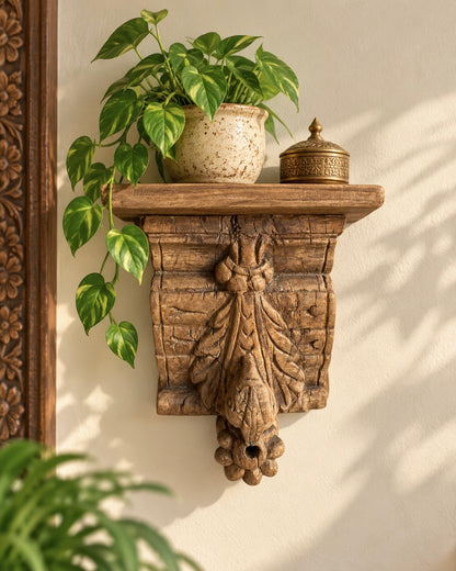 Vintage Hand-Carved Floral Bird Wooden Wall Shelf
