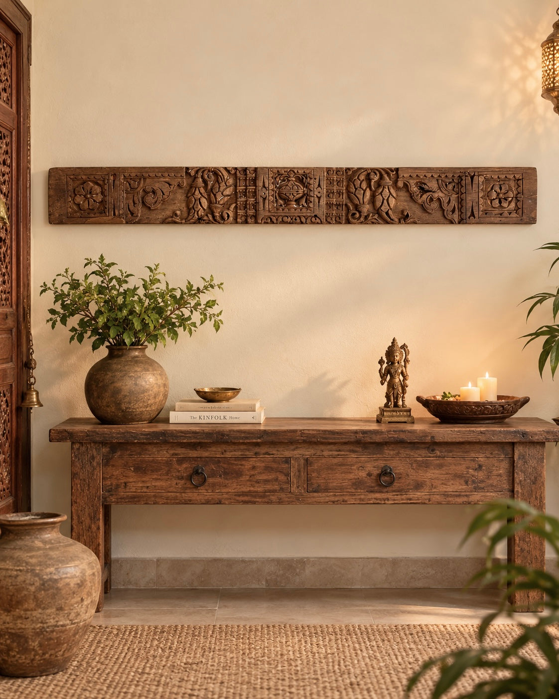 vintage hand-carved floral & ornamental wooden architectural wall panel
