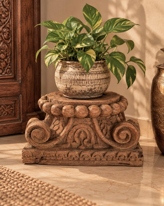 Old Wood Carved Decorative Pedestal