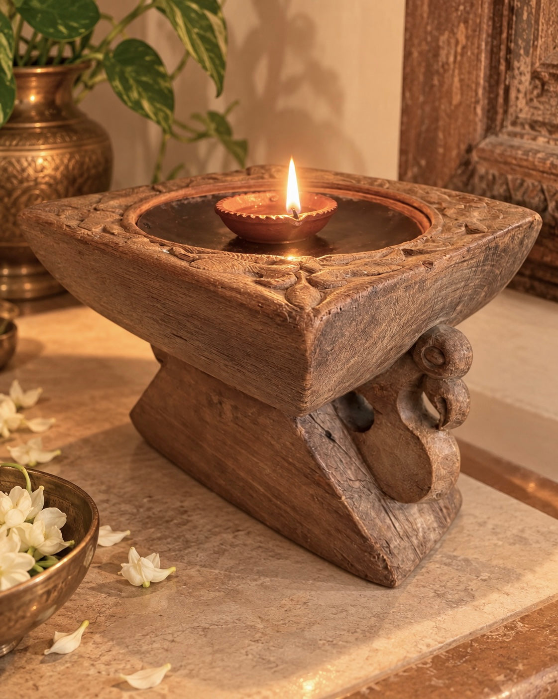 wooden candle, diya & plant holder
