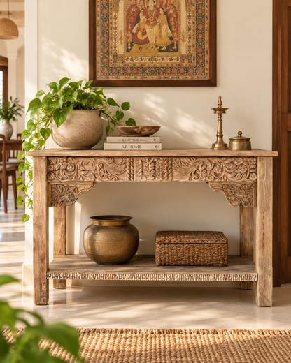 Royal Hand-Carved Console Table Natural Finish