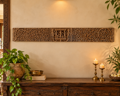 Vintage Hand-Carved Floral & Ganesha Wall Panel