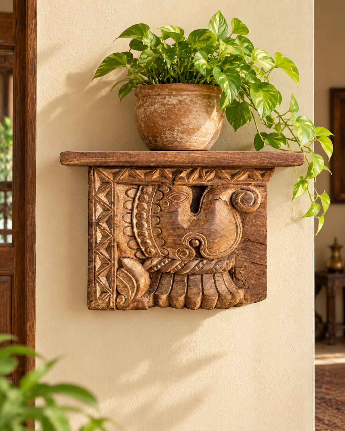 vintage hand-carved wooden elephant motif wall shelf