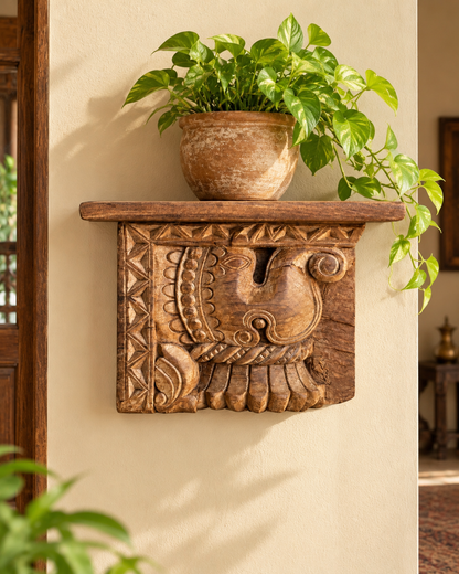 Vintage Hand-Carved Wooden Elephant Motif Wall Shelf