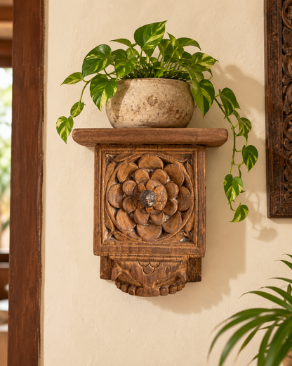 Old Hand-Carved Floral Wooden Wall Shelf With Iron Nail