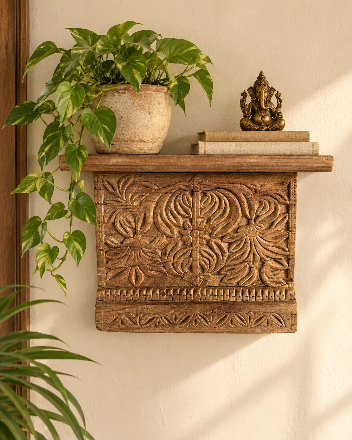 old hand-carved floral & leaf wooden wall shelf