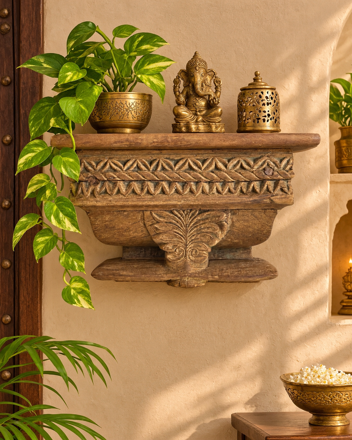 vintage hand-carved ornamental wooden corbel shelf