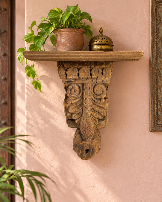 Vintage Hand-Carved Floral & Scrollwork Wooden Corbel Bracket