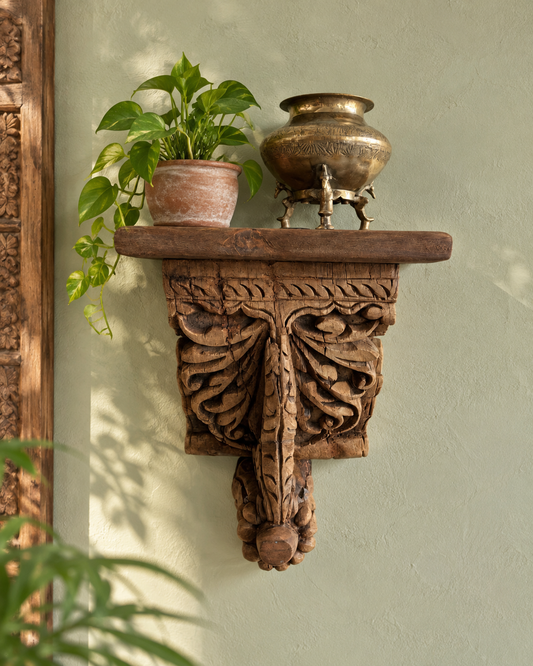 Vintage Hand-Carved Leaf & Scrollwork Wooden Corbel Bracket