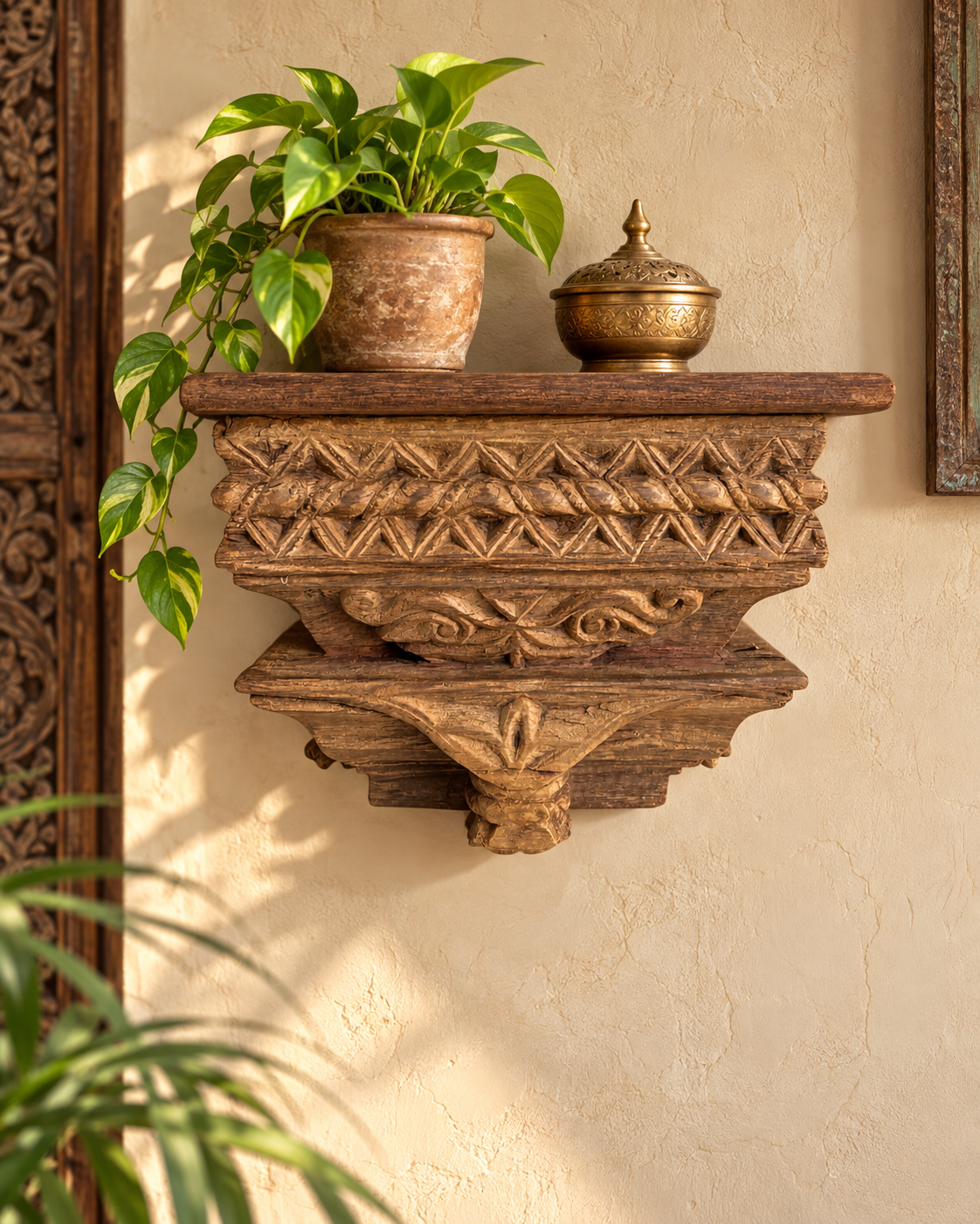hand-carved geometric wooden corbel wall shelf