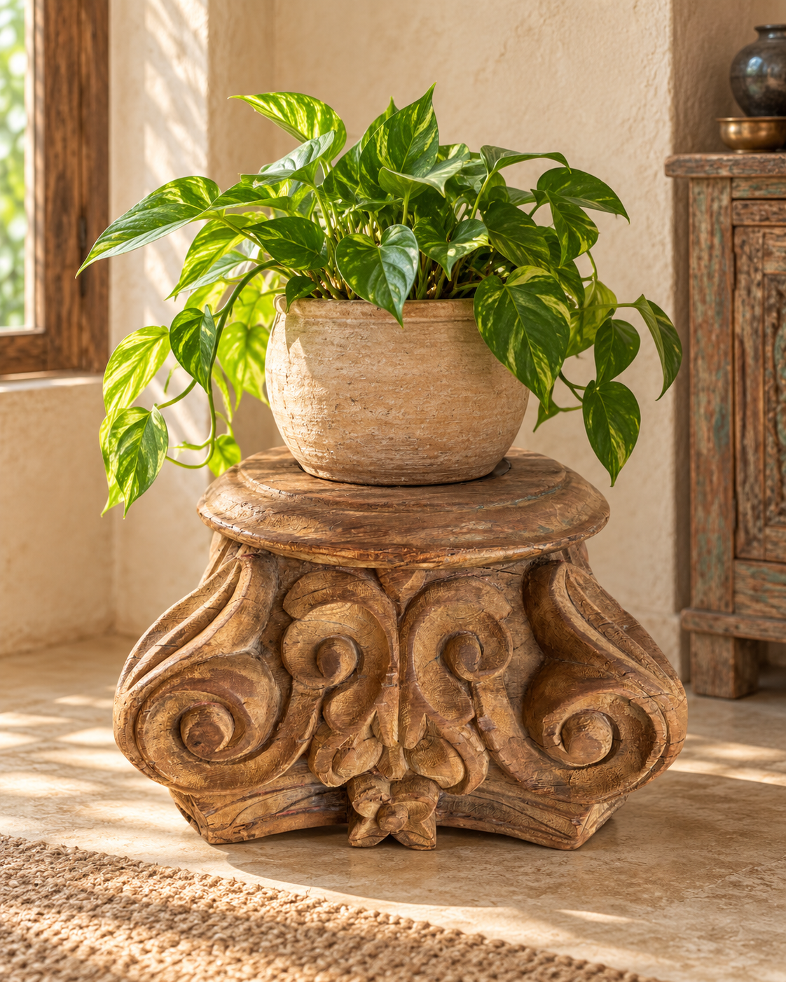 vintage hand-carved wooden pillar base