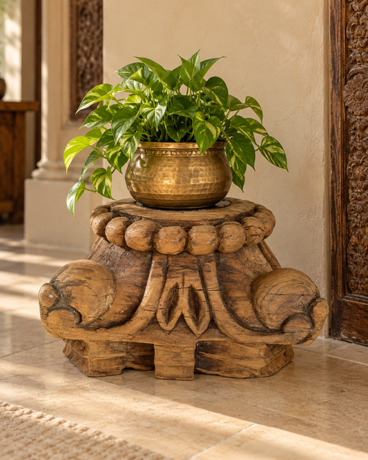 Hand-Carved Wooden Pillar Base Candle Holder / Plant Stand
