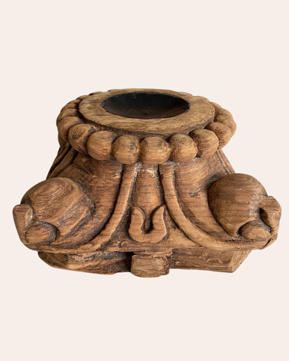 Hand-Carved Wooden Pillar Base Candle Holder / Plant Stand