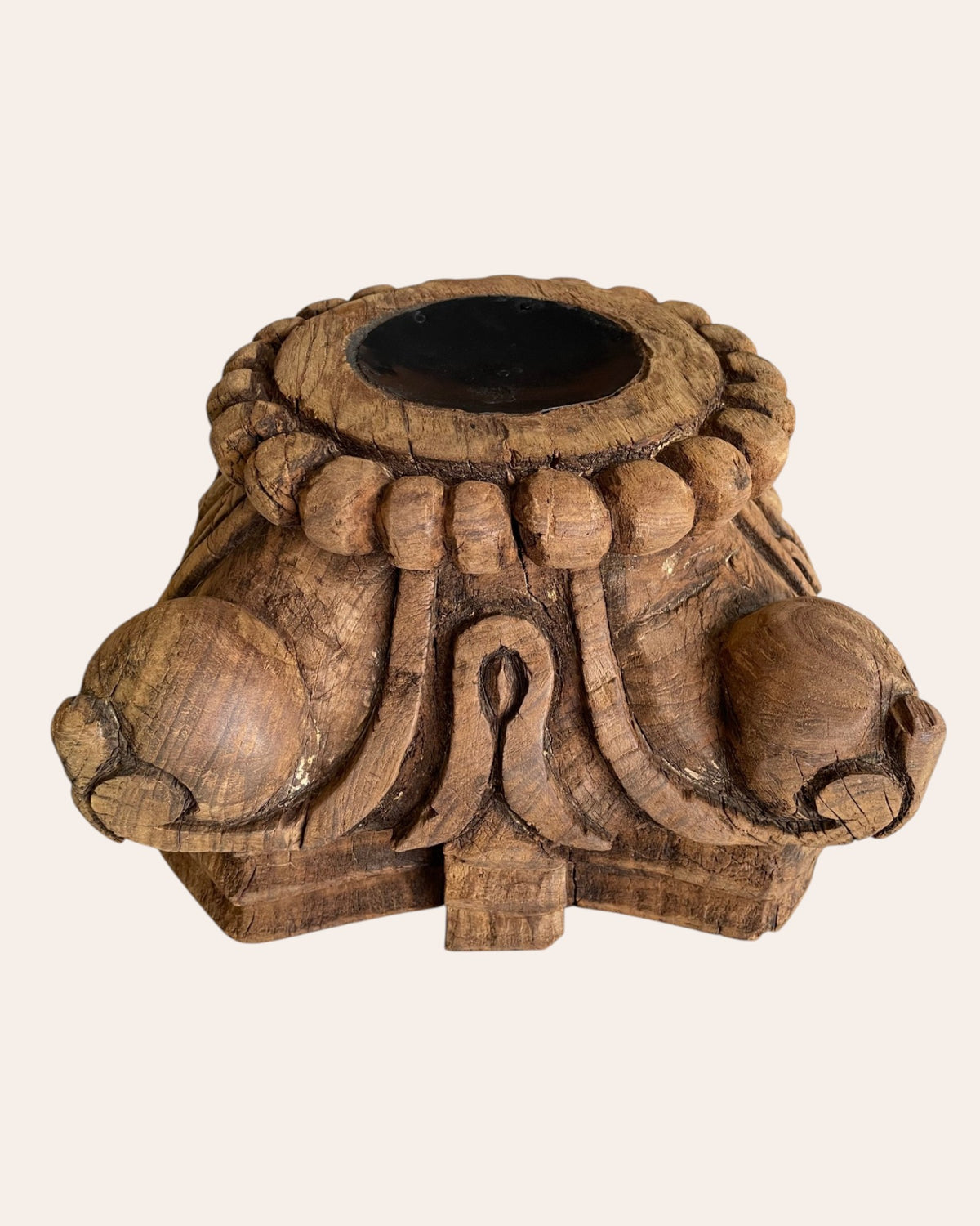 hand-carved wooden pillar base candle holder / plant stand