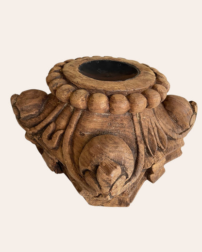Hand-Carved Wooden Pillar Base Candle Holder / Plant Stand