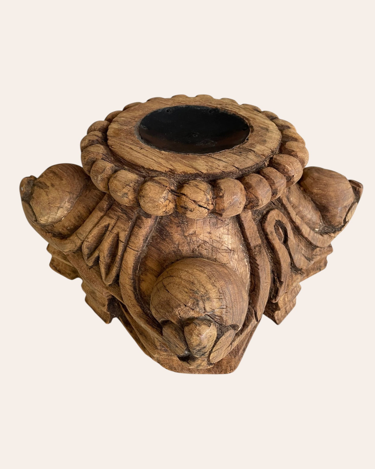 hand-carved wooden pillar base candle holder / plant stand