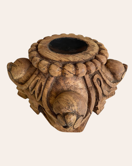 Hand-Carved Wooden Pillar Base Candle Holder / Plant Stand