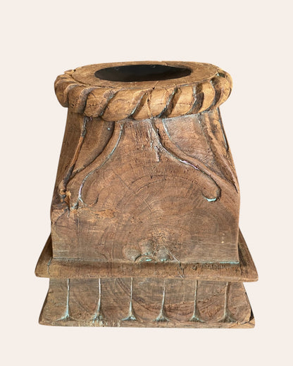 Vintage Carved Wooden Pillar Base with Floral & Leaf Motifs