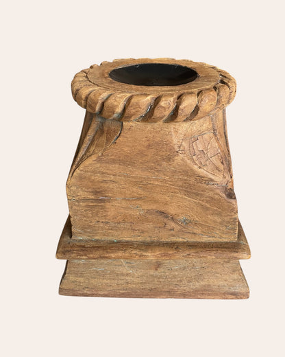 Vintage Carved Wooden Pillar Base with Floral & Leaf Motifs