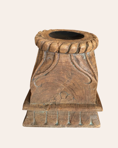 Vintage Carved Wooden Pillar Base with Floral & Leaf Motifs