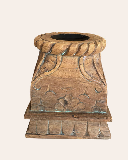 Vintage Carved Wooden Pillar Base with Floral & Leaf Motifs