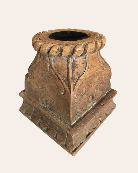 Vintage Carved Wooden Pillar Base with Floral & Leaf Motifs