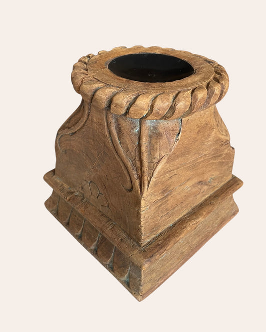 Vintage Carved Wooden Pillar Base with Floral & Leaf Motifs