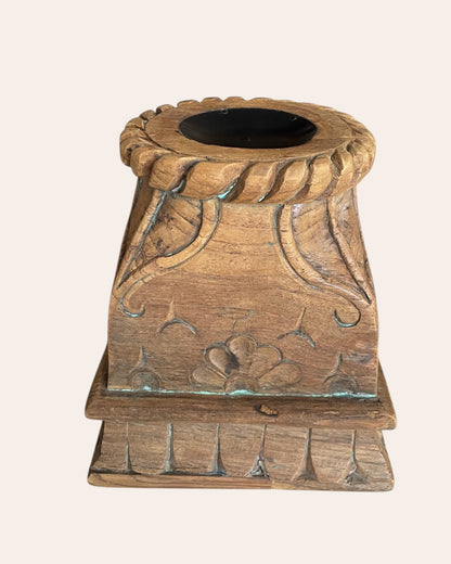 Vintage Carved Wooden Pillar Base with Floral & Leaf Motifs