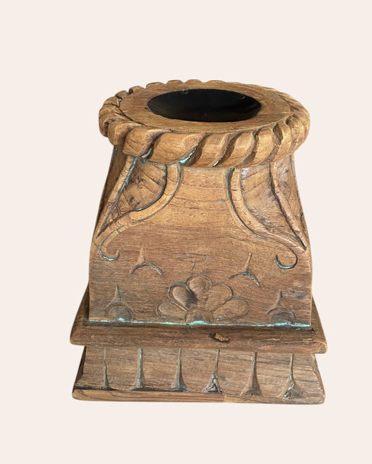 Vintage Carved Wooden Pillar Base with Floral & Leaf Motifs
