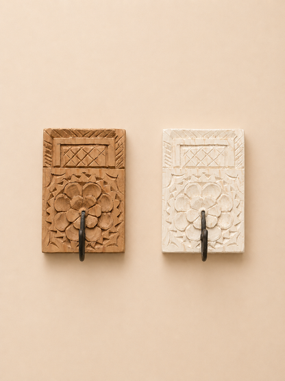 Handcrafted Floral Wooden Wall Hook Set of 2 – Natural & Bleach