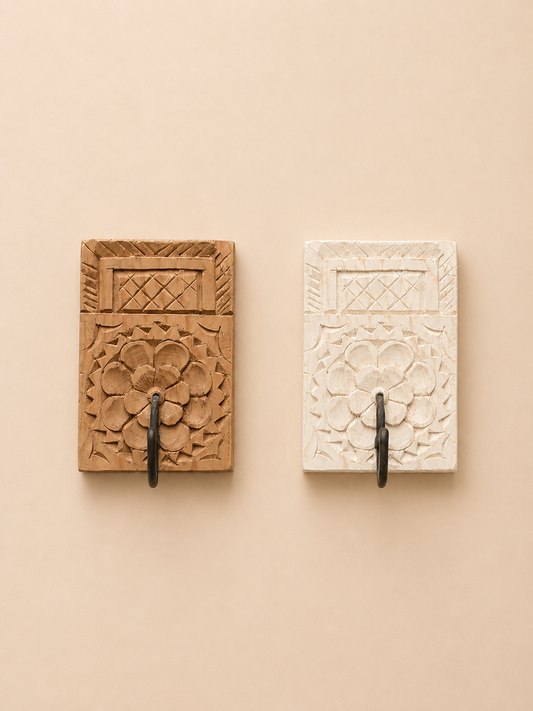 Handcrafted Floral Wooden Wall Hook Set of 2 – Natural & Bleach