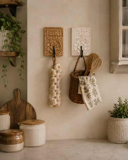 Handcrafted Floral Wooden Wall Hook Set of 2 – Natural & Bleach