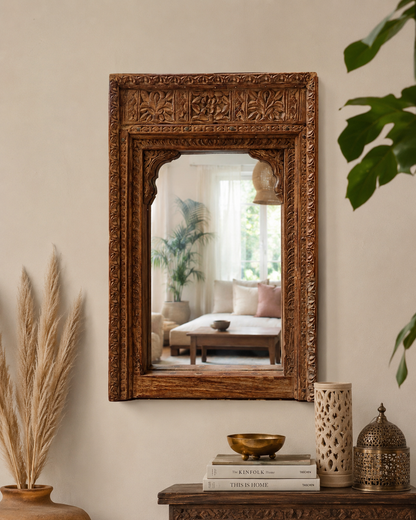 Vintage Hand-Carved Old Teak Wood Wall Mirror Frame with Dual Hanging Clips