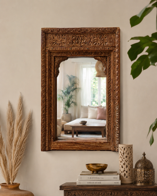 Vintage Hand-Carved Old Teak Wood Wall Mirror Frame with Dual Hanging Clips